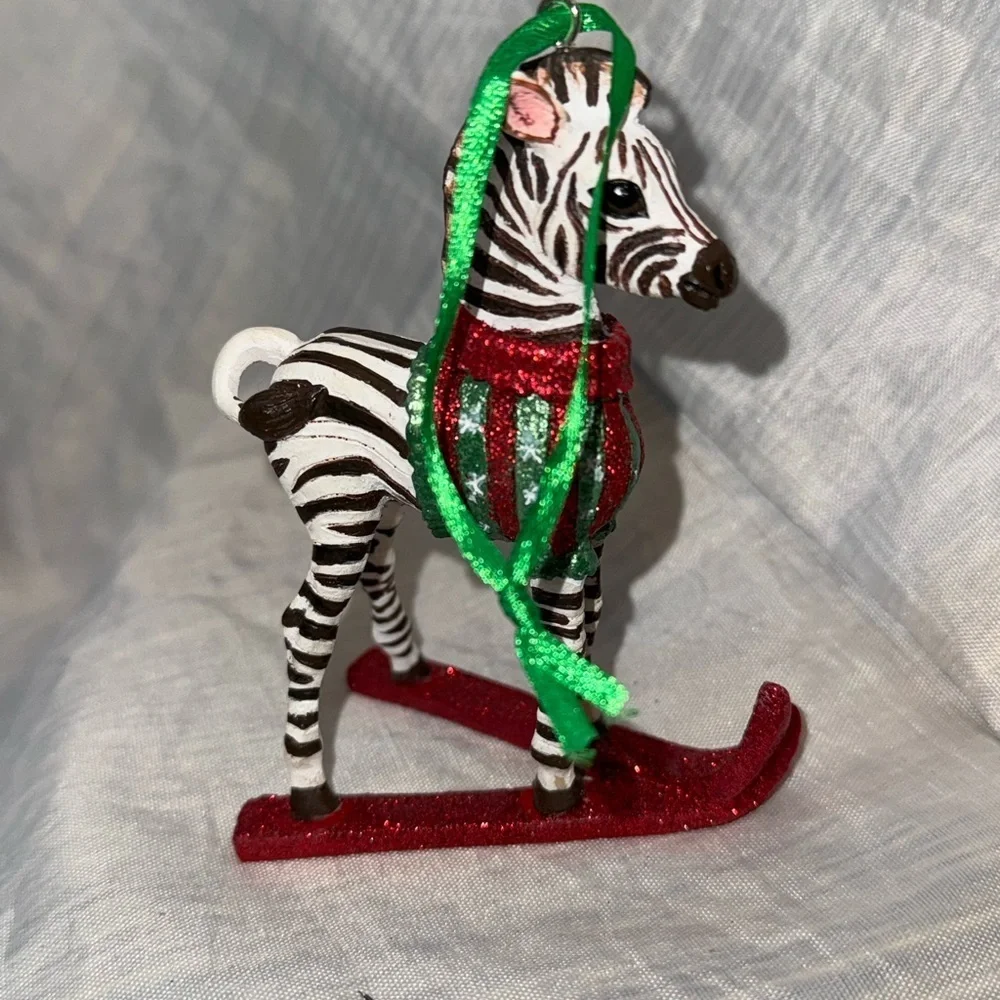 Danbury Mint Christmas ornament Baby Animal Zebra Skiing